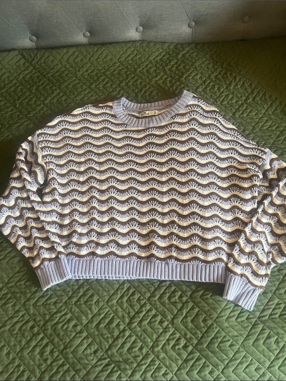 Wavy Stripe Crewneck Sweater - Lavender & Cream and Brown XL Hollister